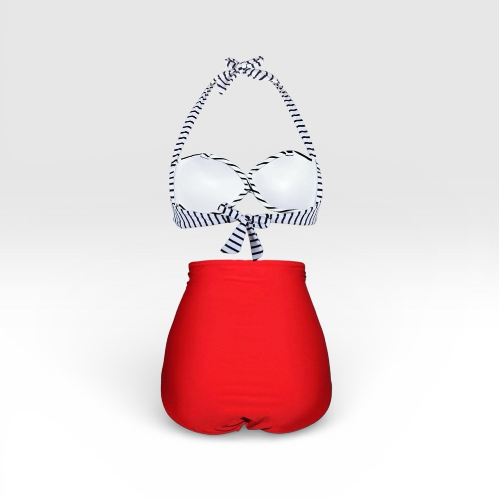 Elegant Black and White Striped Bikini with Red High-Waisted Bottoms - Picture 3 of 6